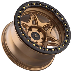 Baja Built Tribute forged beadlock wheel - Satin Bronze, 5-lug, angled view