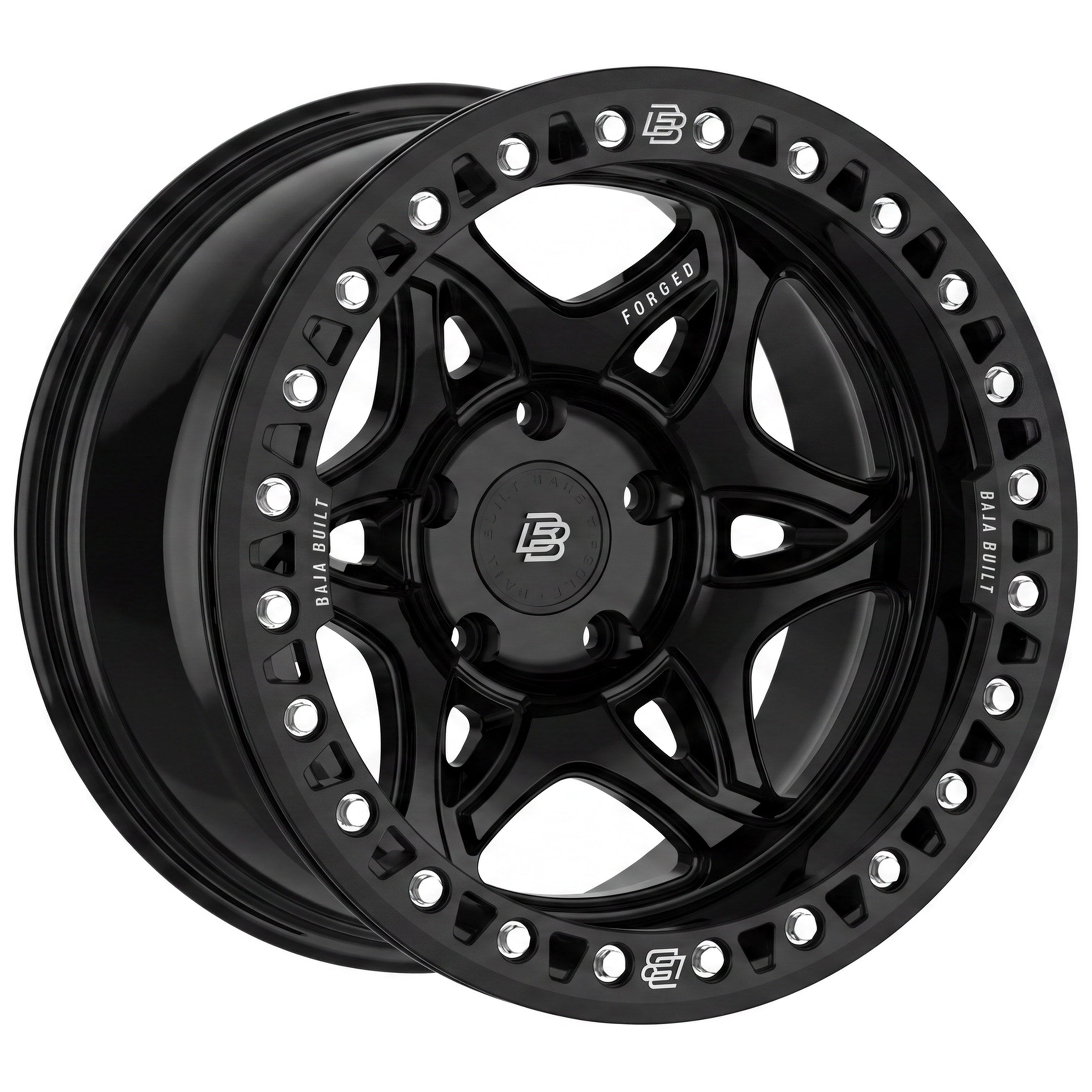 Baja Built Tribute forged beadlock wheel - Glossy Black, 5-lug, three-quarter view