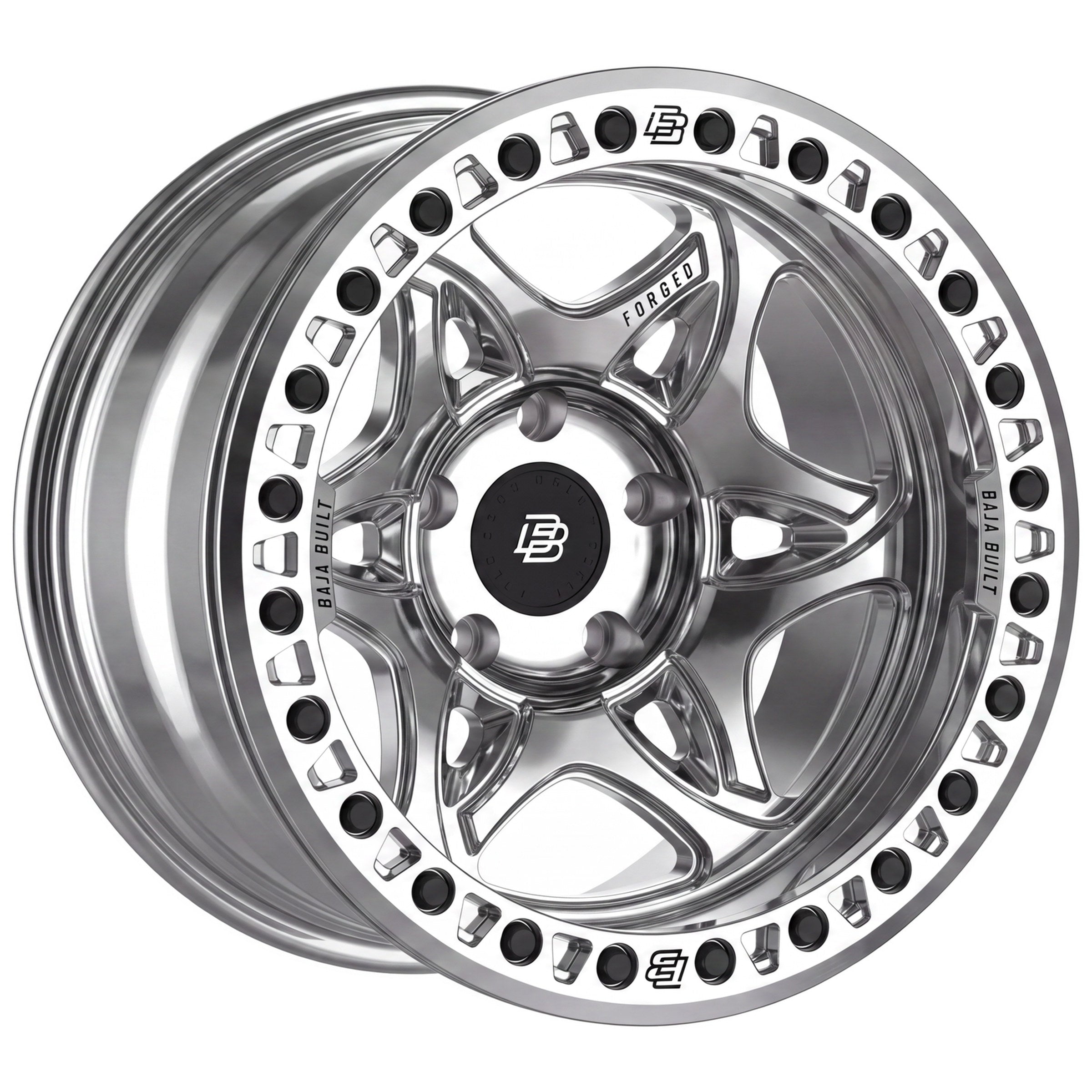 Baja Built Tribute forged beadlock wheel - Machined Raw, 5-lug, three-quarter view