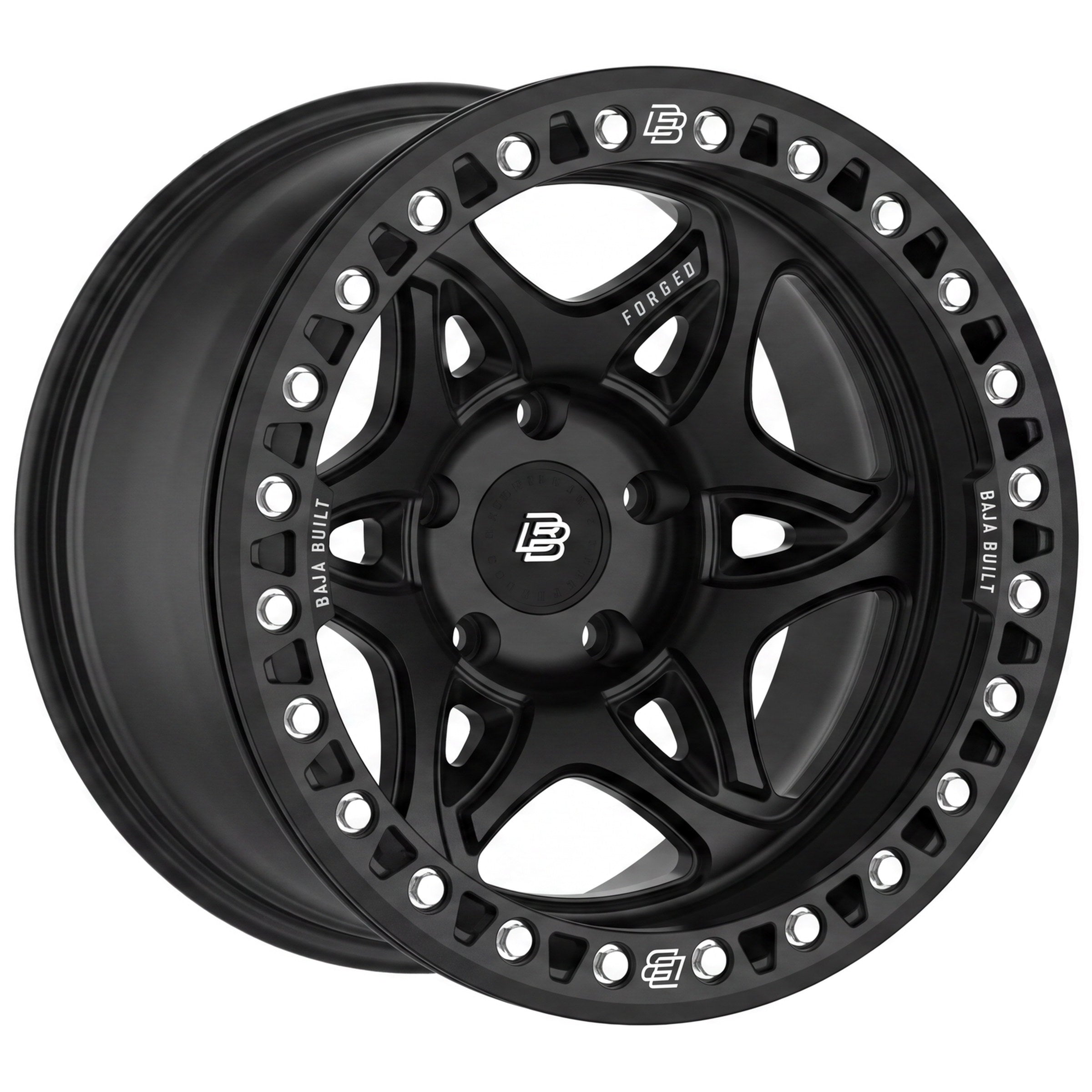 Baja Built Tribute forged beadlock wheel - Matt Black, 5-lug, three-quarter view