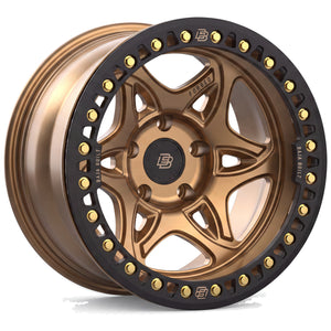 Baja Built Tribute forged beadlock wheel - Satin Bronze, 5-lug, three-quarter view