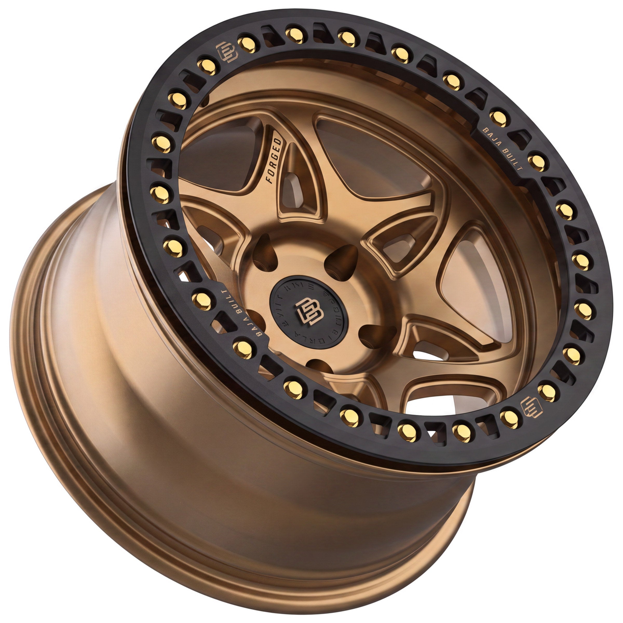 Baja Built Tribute forged beadlock wheel - Satin Bronze, 5-lug, angled view