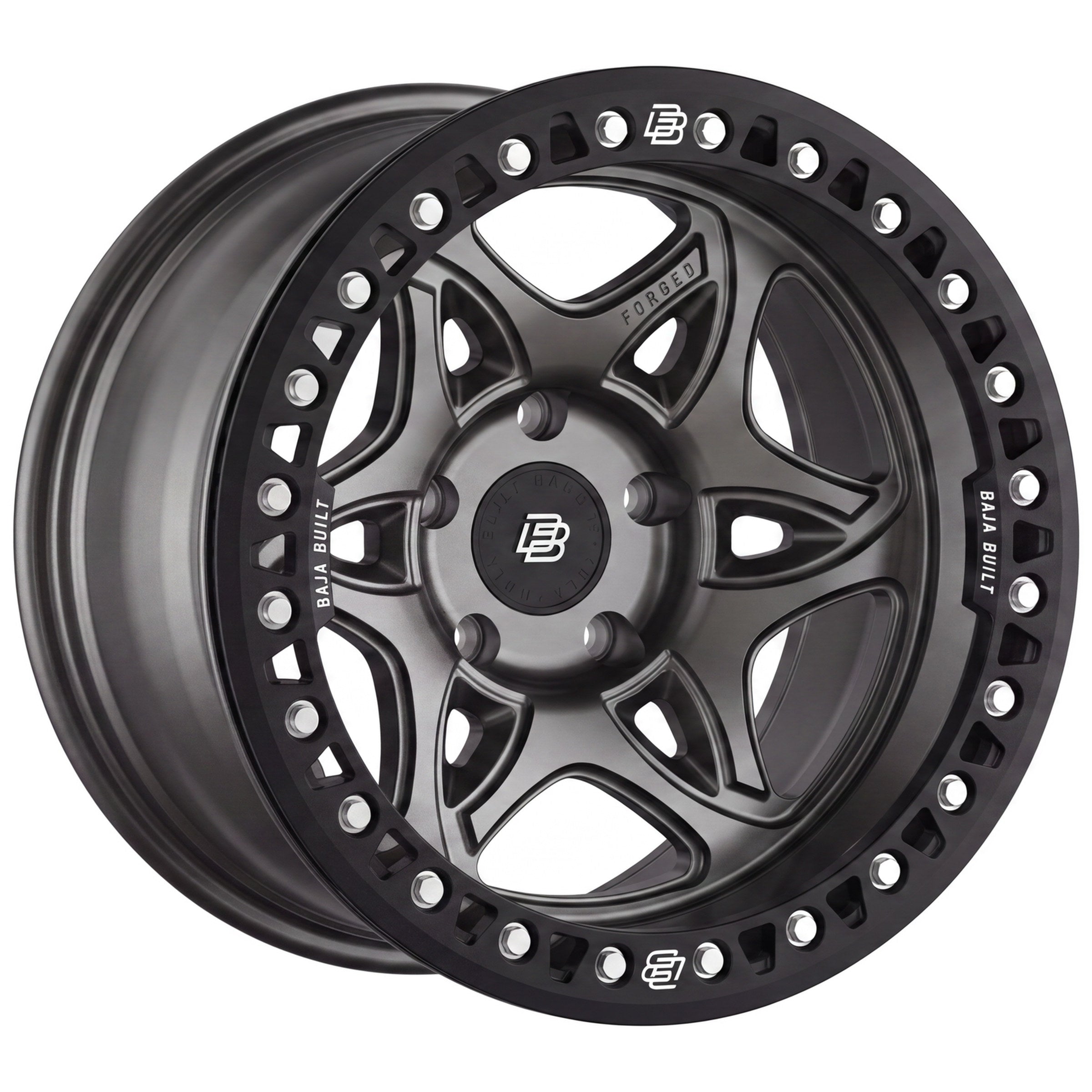 Baja Built Tribute forged beadlock wheel - Satin Graphite, 5-lug, three-quarter view