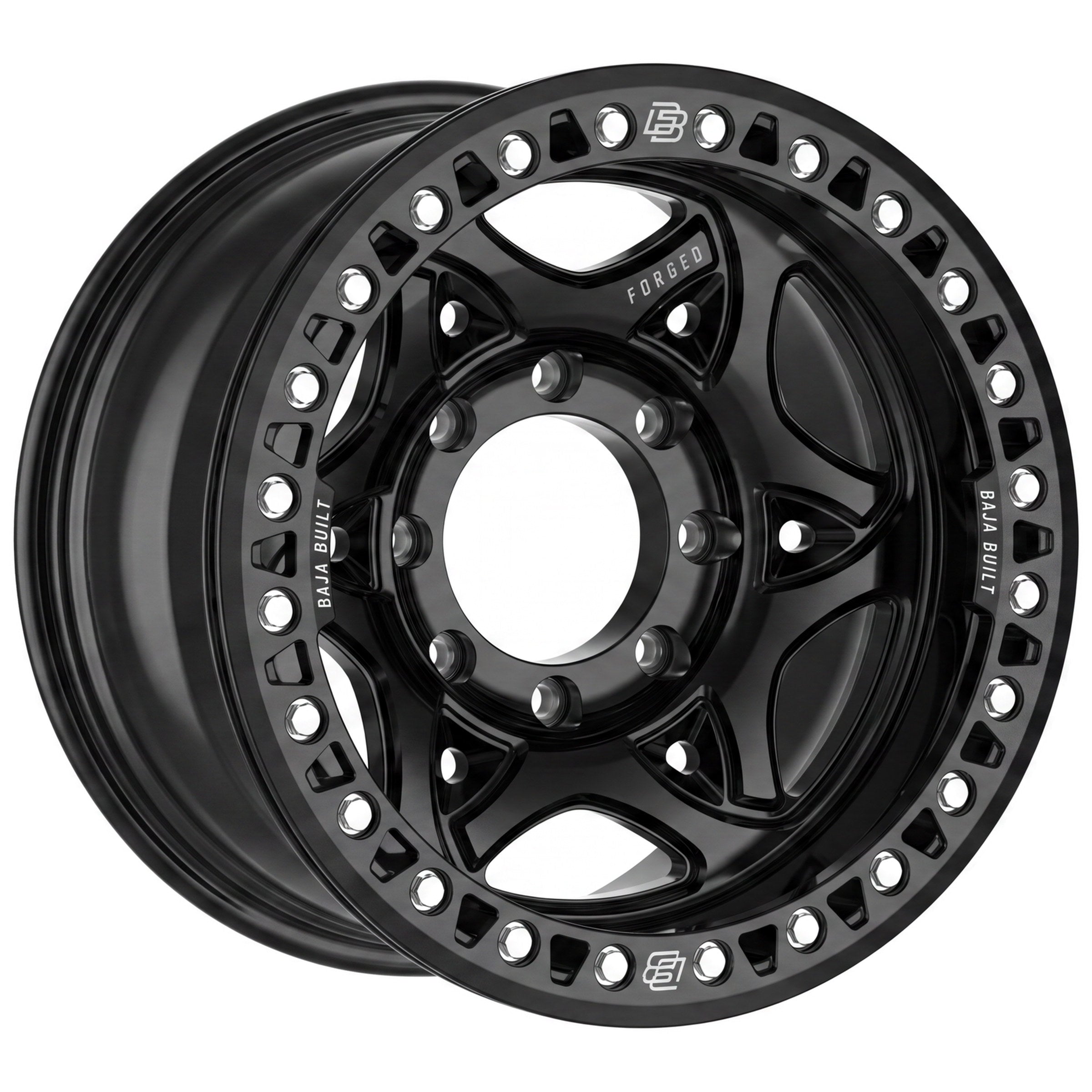 Baja Built Tribute forged beadlock wheel - Glossy Black, 8-lug, three-quarter view
