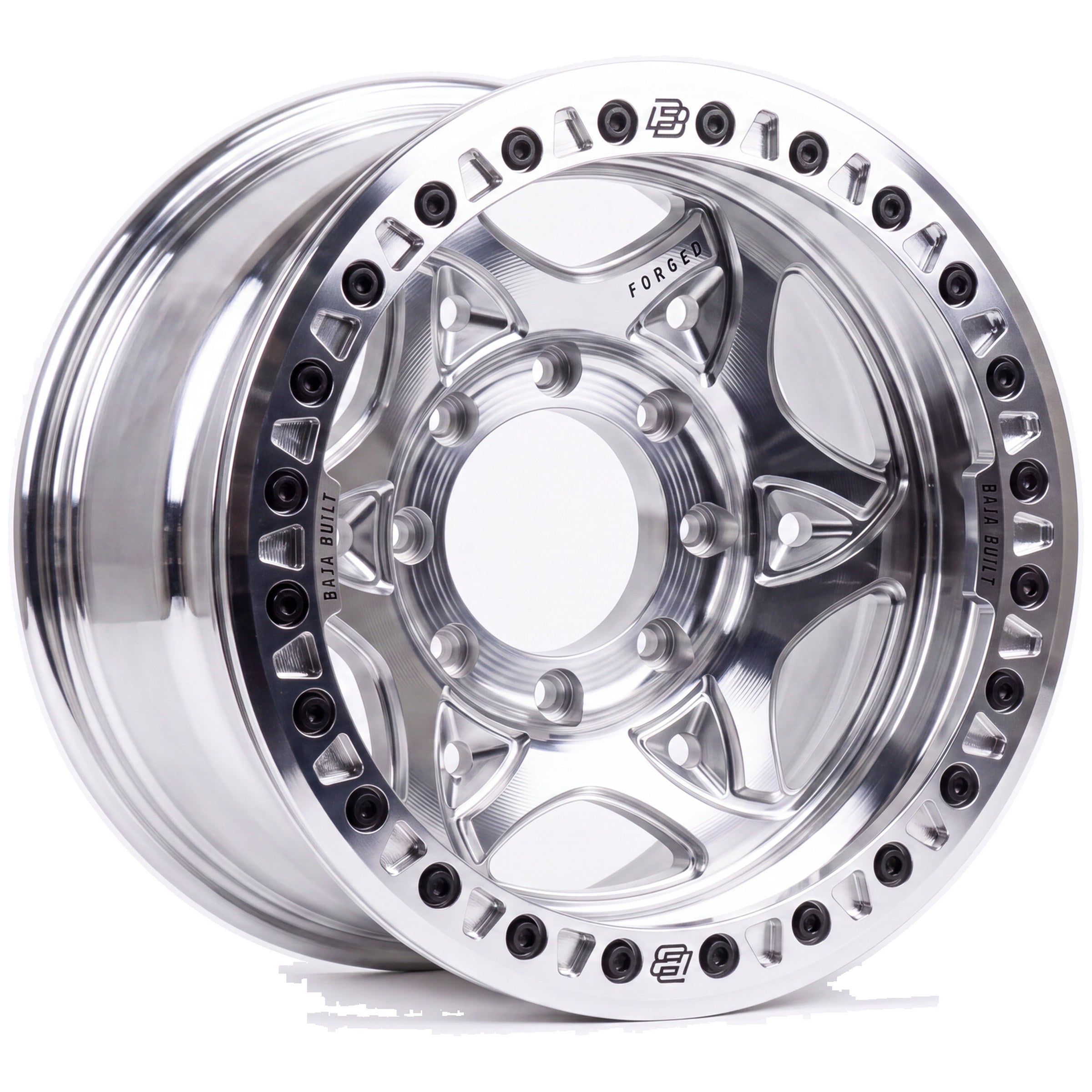 Baja Built Tribute forged beadlock wheel - Machined Raw, 8-lug, three-quarter view