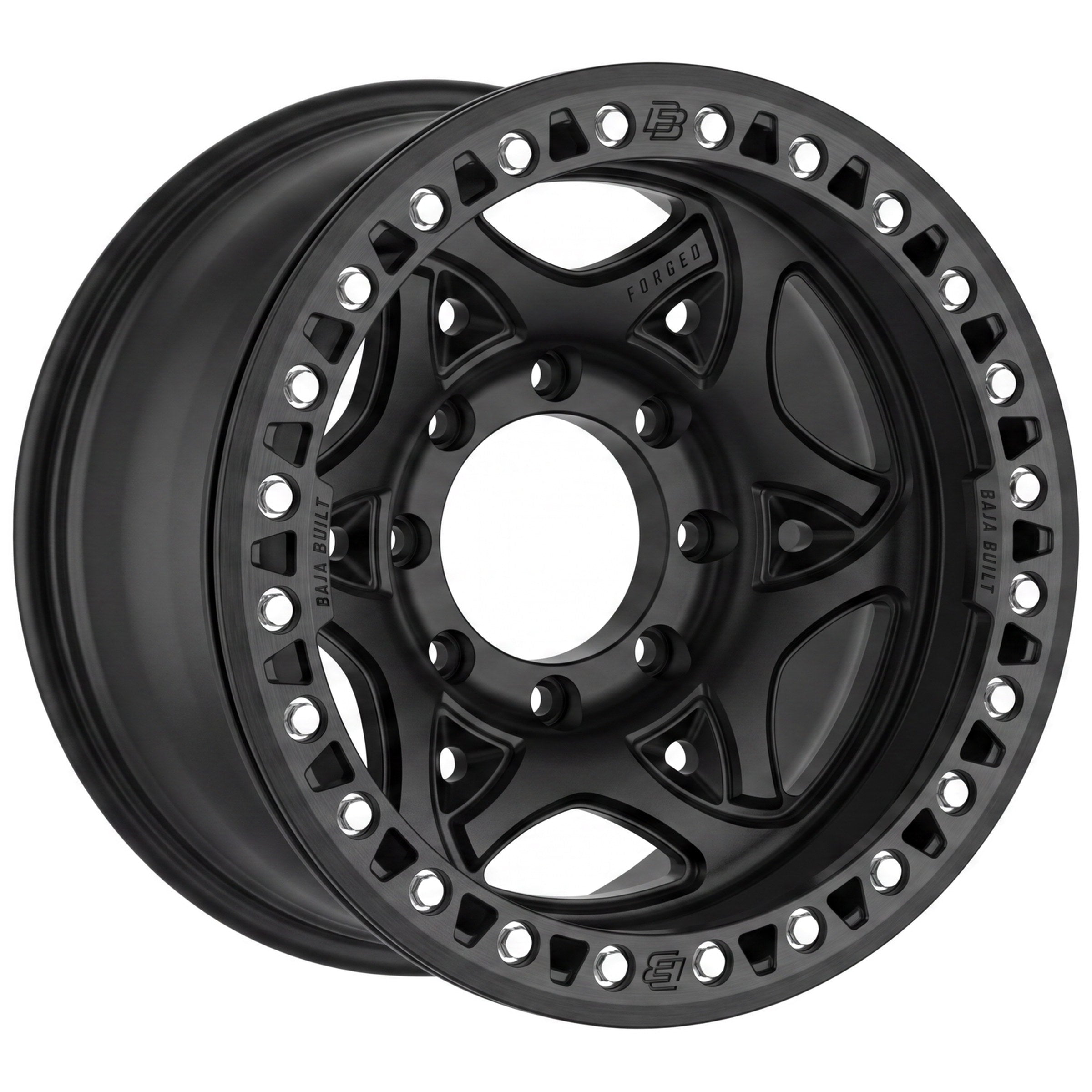 Baja Built Tribute forged beadlock wheel - Matt Black, 8-lug, three-quarter view