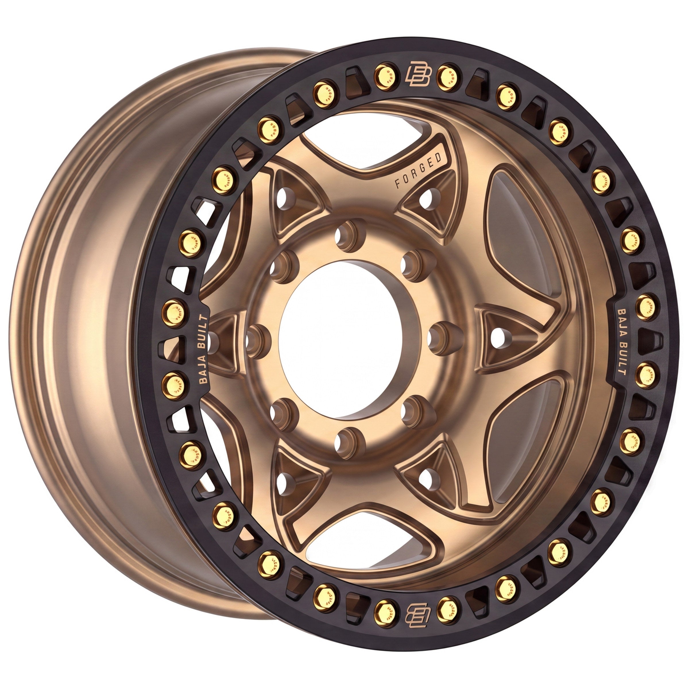 Baja Built Tribute forged beadlock wheel - Satin Bronze, 8-lug, three-quarter view