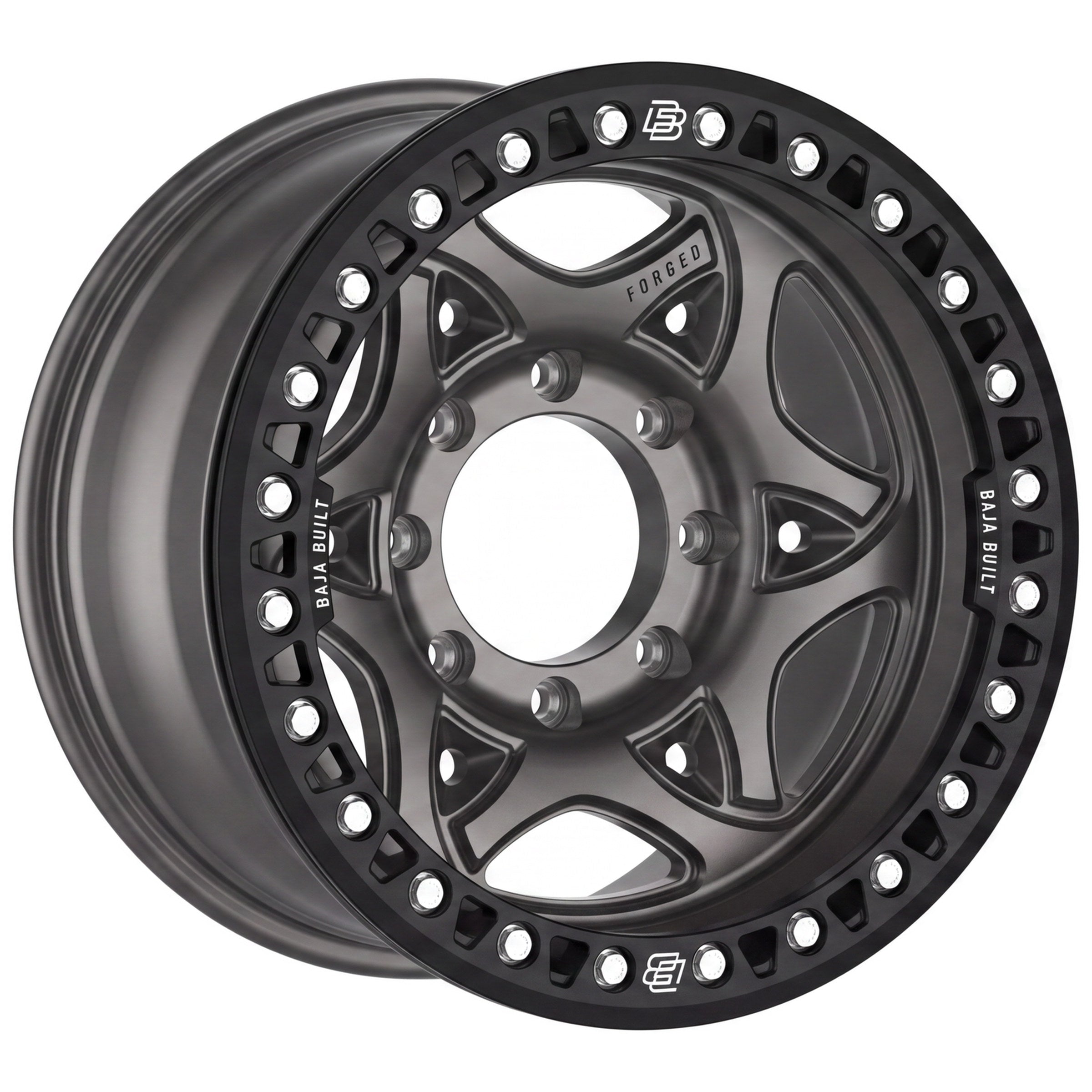 Baja Built Tribute forged beadlock wheel - Satin Graphite, 8-lug, three-quarter view
