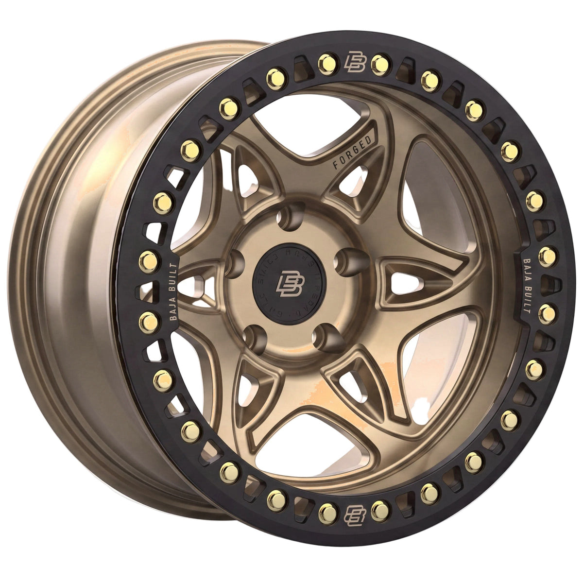 Baja Built Tribute forged beadlock wheel - Satin Bronze, 5-lug, three-quarter view